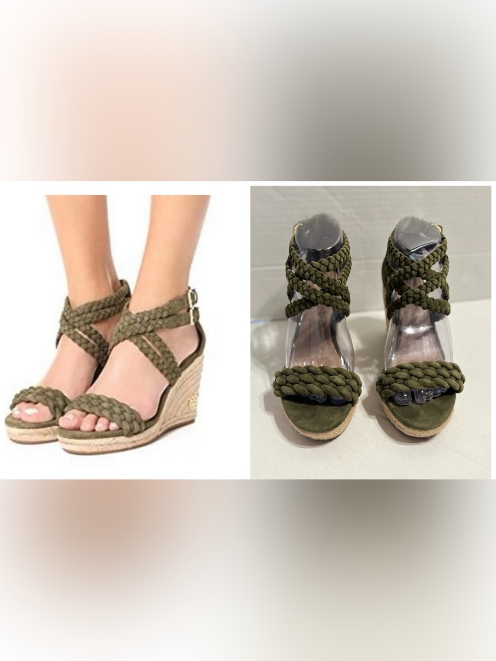 Tory Burch Bailey Olive Braided Espadrille Wedge Sandals Crisscross Ankle Design